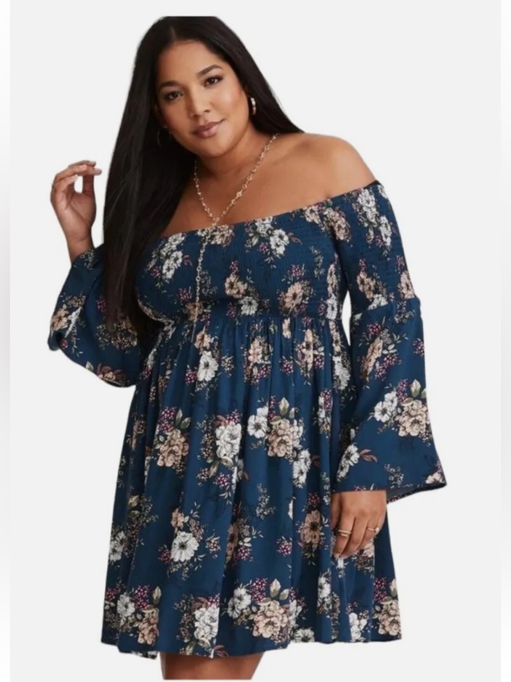 Torrid Mini Challis Off-Shoulder Skater Dress Smocked Bell Sleeve Floral Size 0X